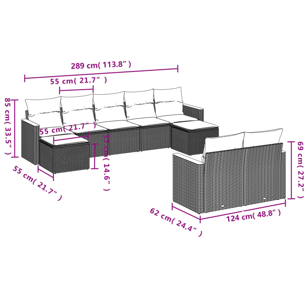 vidaXL Set mobilier de grădină cu perne, 9 piese, negru, poliratan