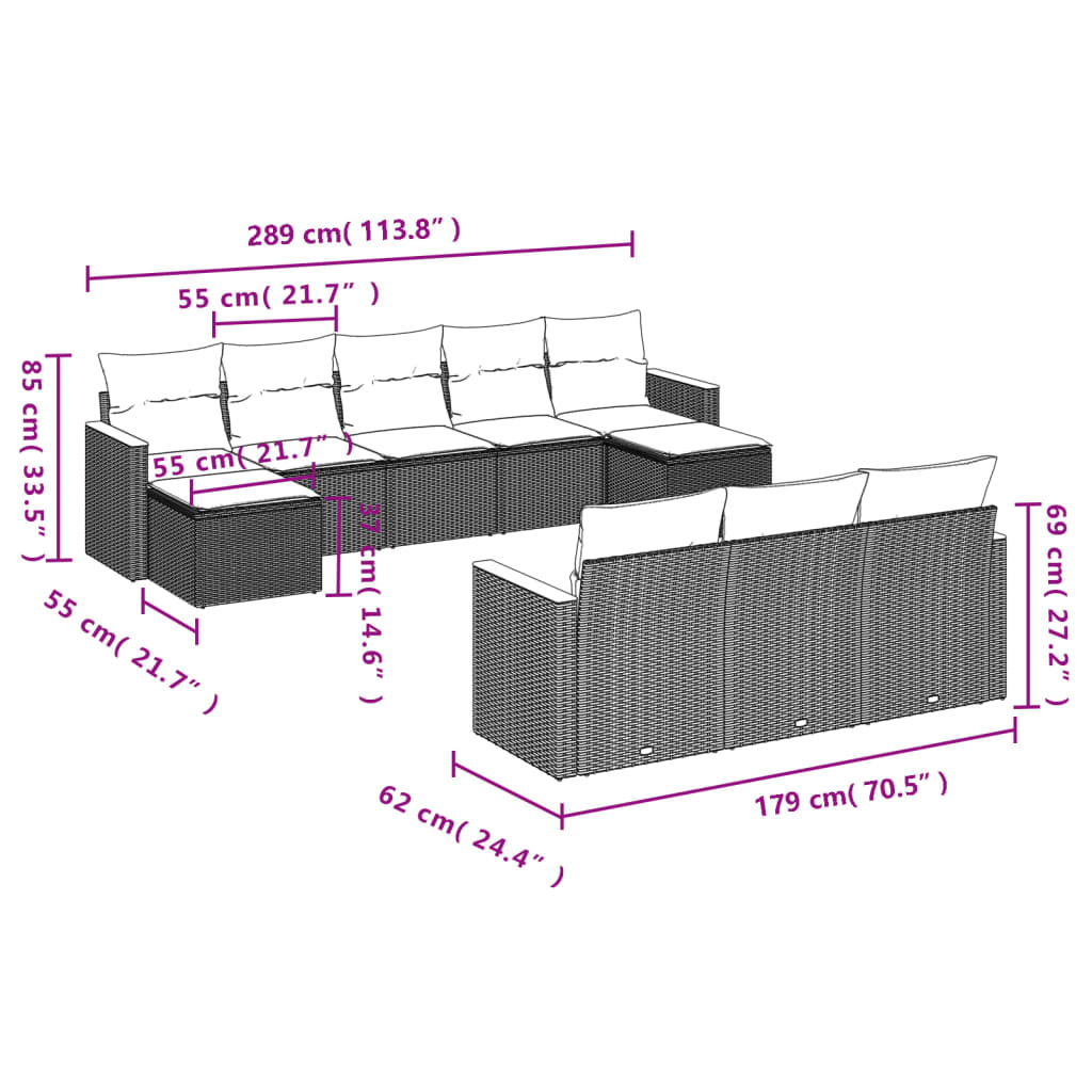 vidaXL Set canapele de grădină cu perne, 10 piese, negru, poliratan