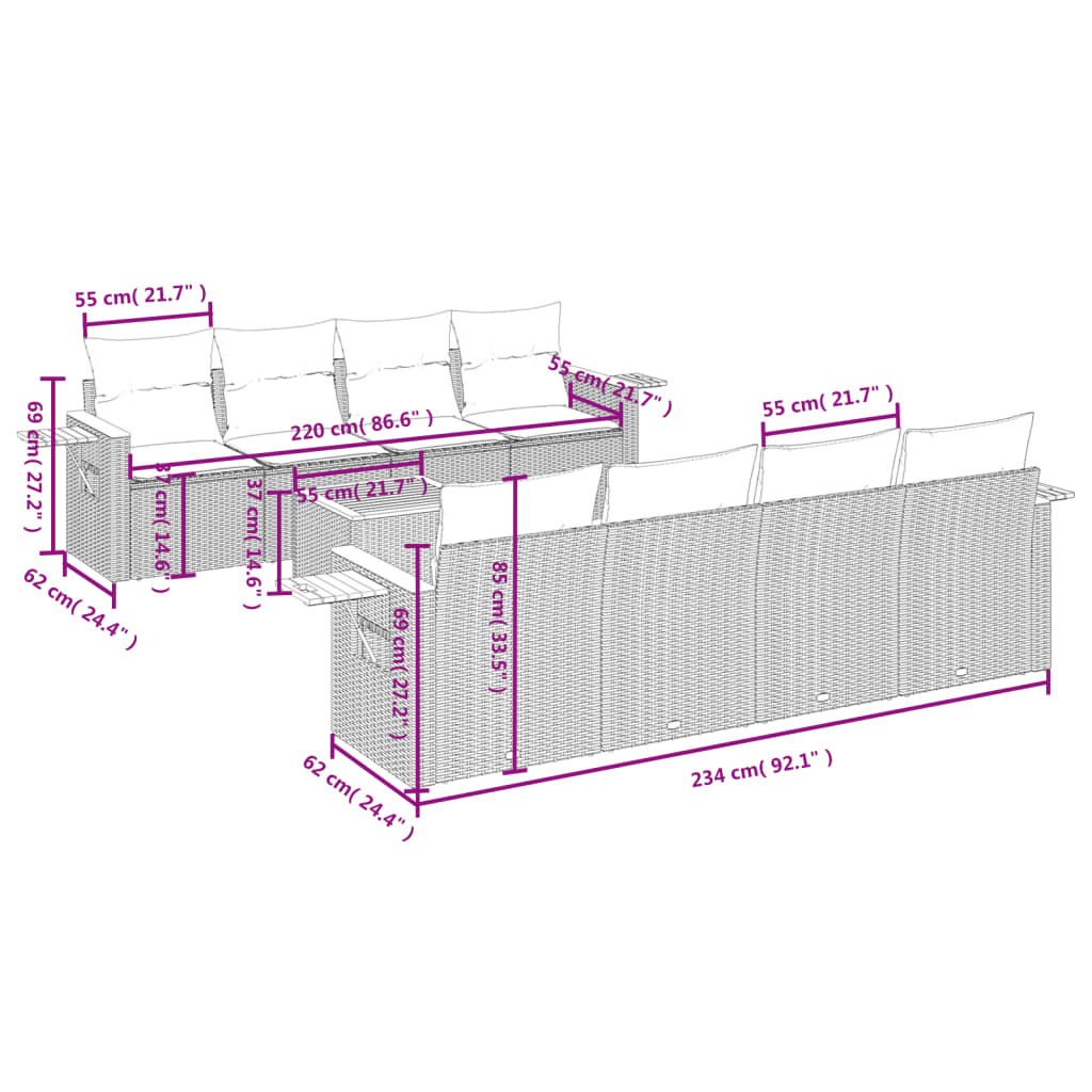vidaXL Set mobilier de grădină cu perne, 9 piese, negru, poliratan