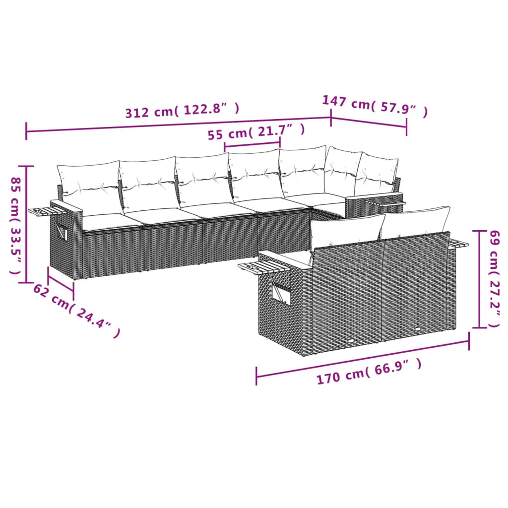 vidaXL Set mobilier de grădină cu perne, 8 piese, negru, poliratan