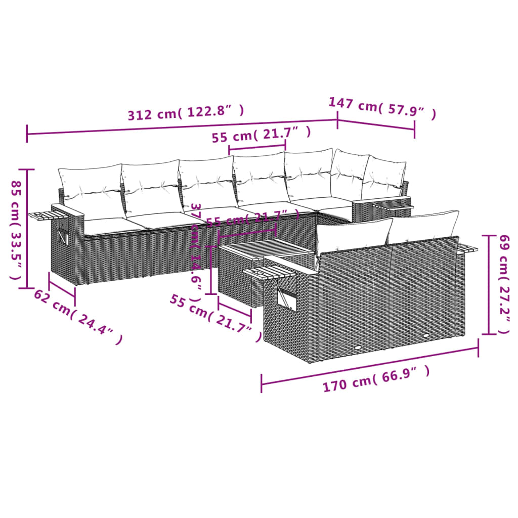 vidaXL Set mobilier de grădină cu perne, 9 piese, negru, poliratan