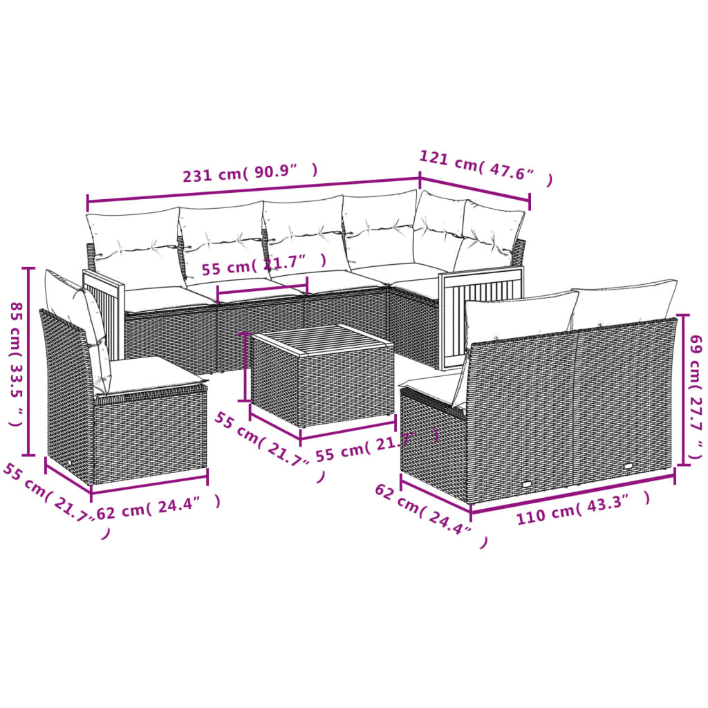 vidaXL Set mobilier de grădină cu perne, 9 piese, negru, poliratan