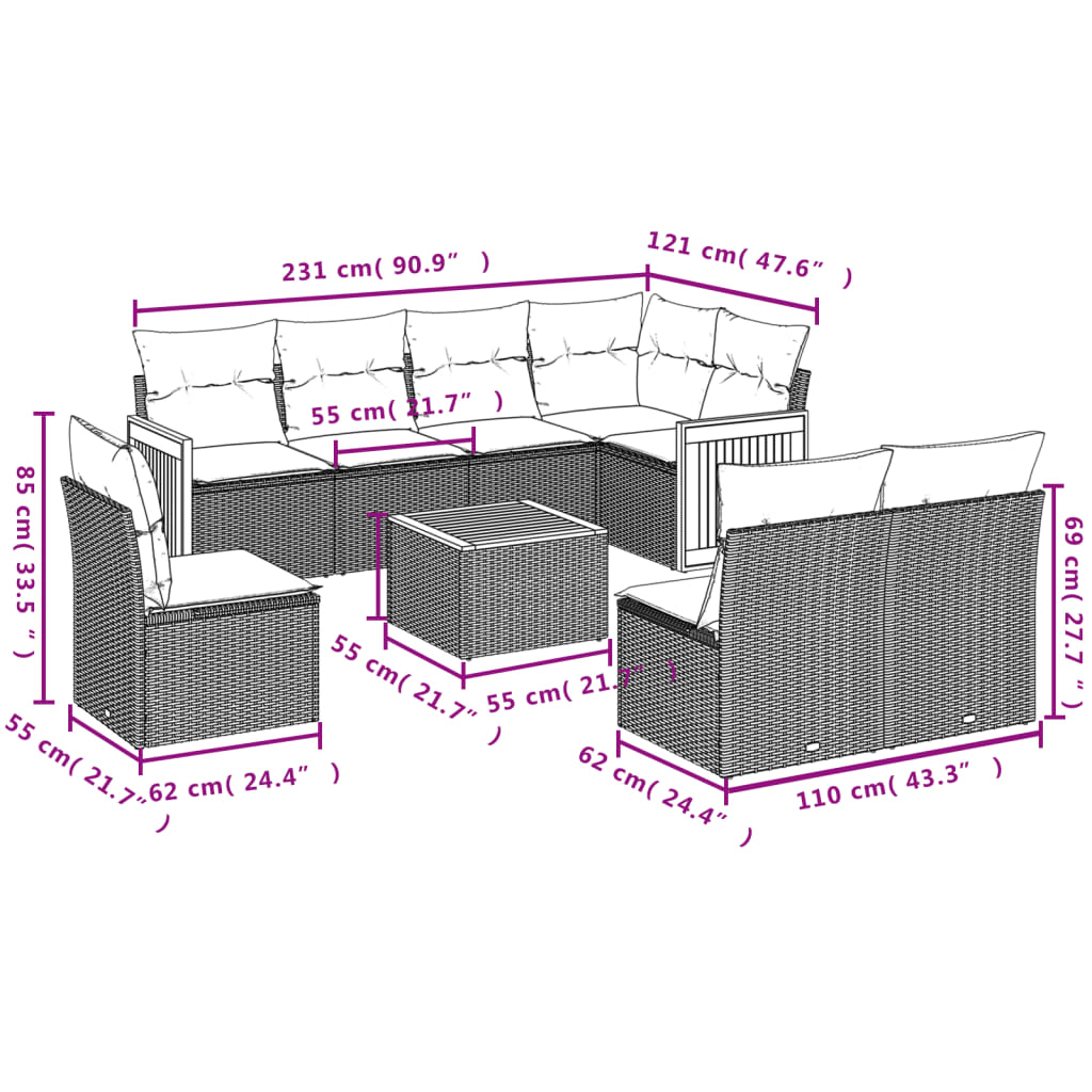 vidaXL Set mobilier de grădină cu perne, 9 piese, negru, poliratan