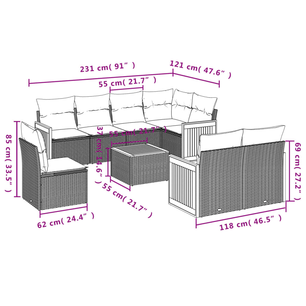 vidaXL Set mobilier de grădină cu perne, 9 piese, negru, poliratan