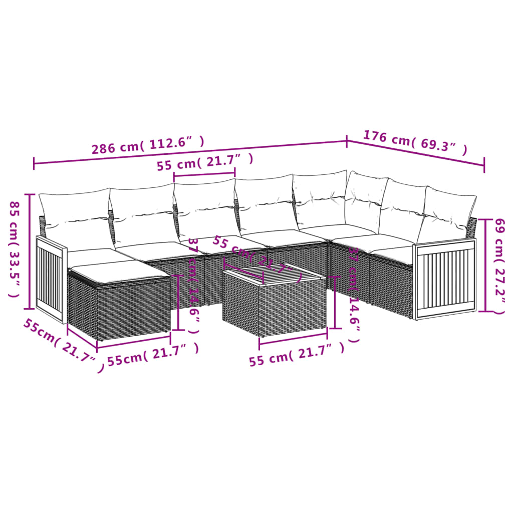vidaXL Set mobilier de grădină cu perne, 9 piese, negru, poliratan
