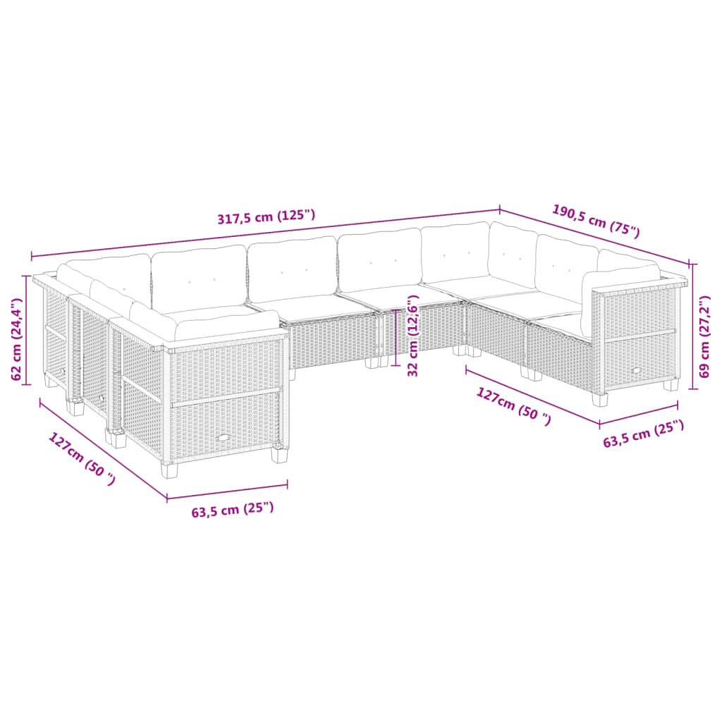 vidaXL Set mobilier de grădină cu perne, 9 piese, negru, poliratan