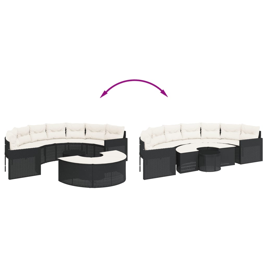 vidaXL Set canapea de grădină, 3 piese, semi-rotunde, negru, poliratan
