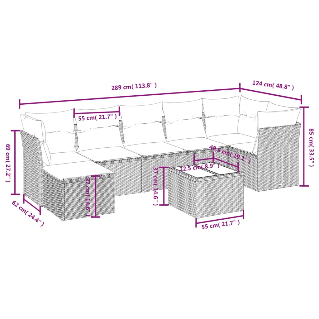 vidaXL Set mobilier de grădină cu perne, 8 piese, negru, poliratan