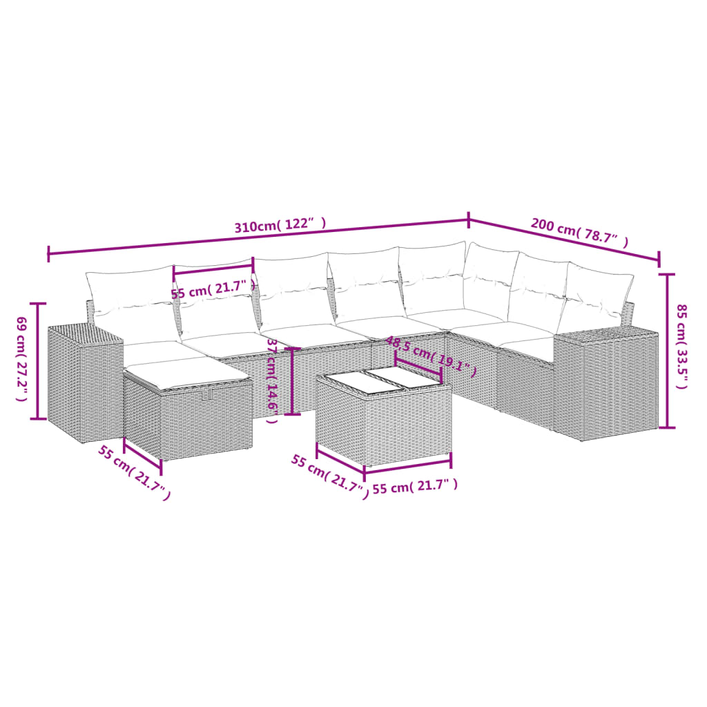 vidaXL Set mobilier de grădină cu perne, 9 piese, negru, poliratan