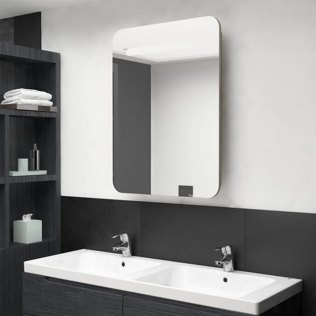 vidaXL Dulap de baie cu oglindă și LED, stejar, 60x11x80 cm vidaXL Dulap de baie cu oglindă și LED, stejar, 60x11x80 cm