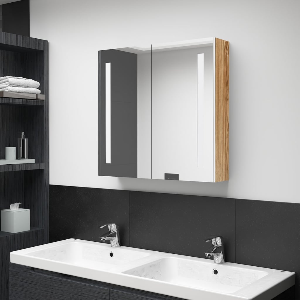 vidaXL Dulap de baie cu oglindă și LED, alb și stejar, 62x14x60 cm vidaXL Dulap de baie cu oglindă și LED, alb și stejar, 62x14x60 cm