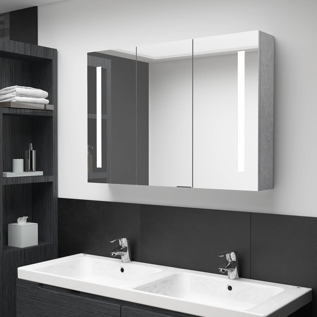 vidaXL Dulap de baie cu oglindă și LED, gri beton, 89x14x62 cm vidaXL Dulap de baie cu oglindă și LED, gri beton, 89x14x62 cm