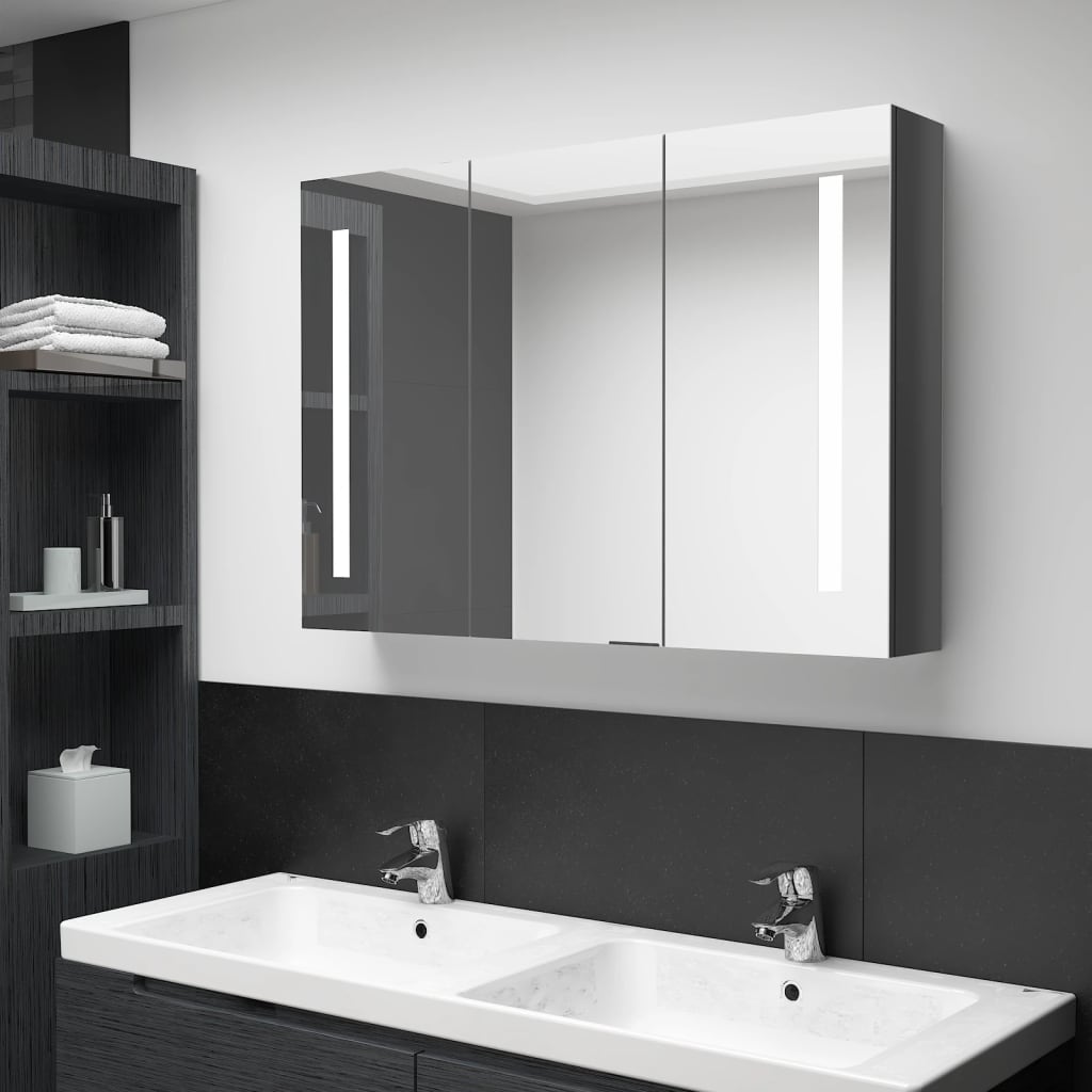 vidaXL Dulap de baie cu oglindă și LED, gri strălucitor, 89x14x62 cm vidaXL Dulap de baie cu oglindă și LED, gri strălucitor, 89x14x62 cm