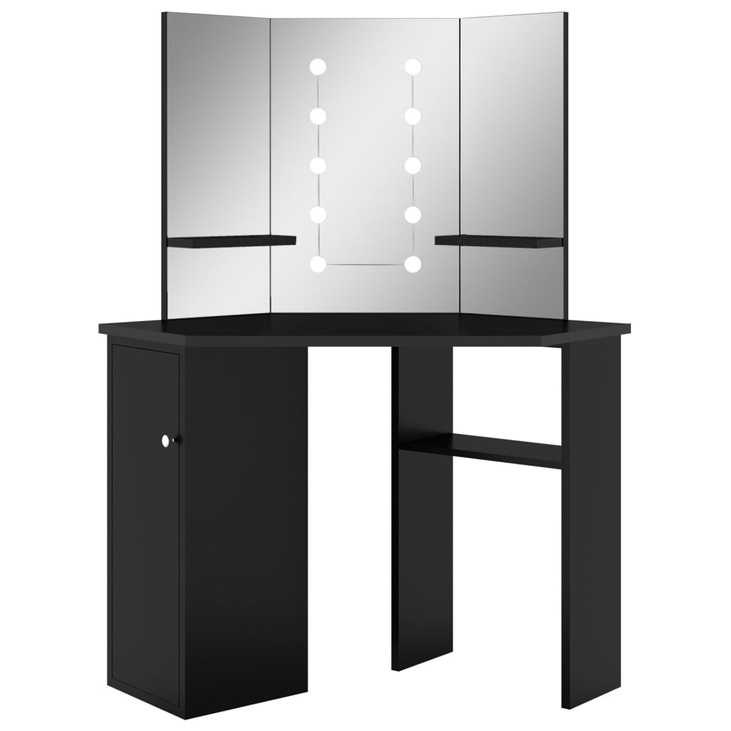 vidaXL Masă de toaletă de colț, cu LED, negru, 111x54x141,5 cm