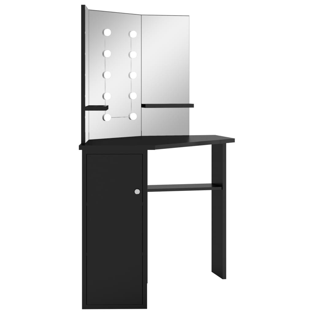 vidaXL Masă de toaletă de colț, cu LED, negru, 111x54x141,5 cm