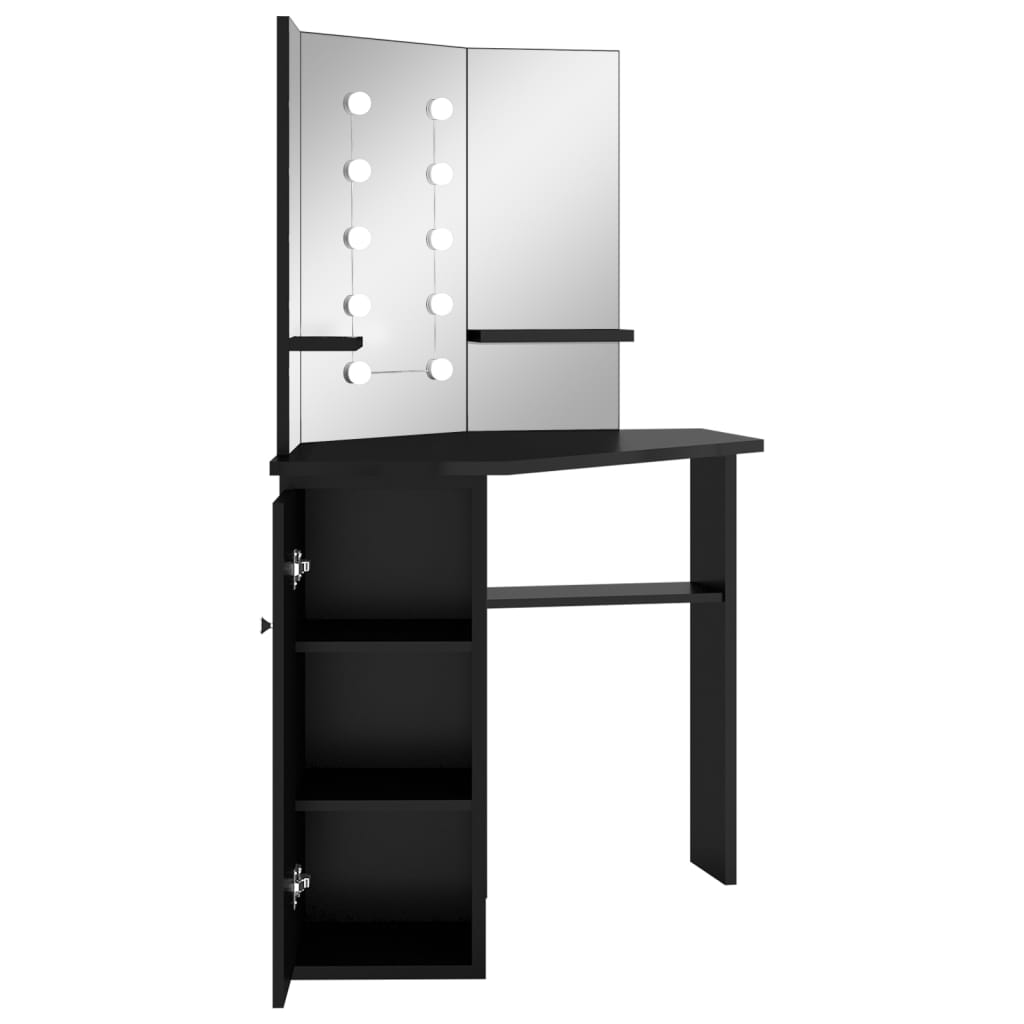 vidaXL Masă de toaletă de colț, cu LED, negru, 111x54x141,5 cm