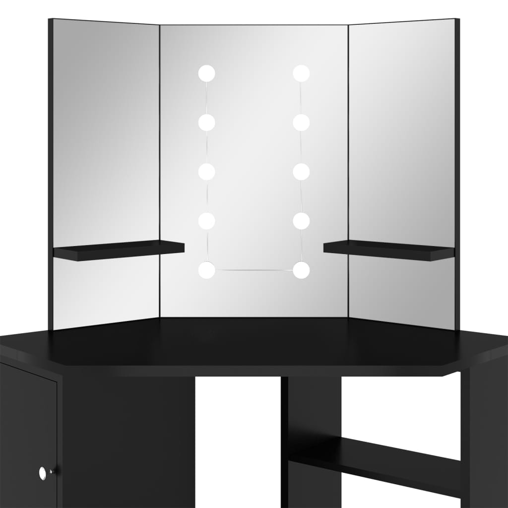 vidaXL Masă de toaletă de colț, cu LED, negru, 111x54x141,5 cm