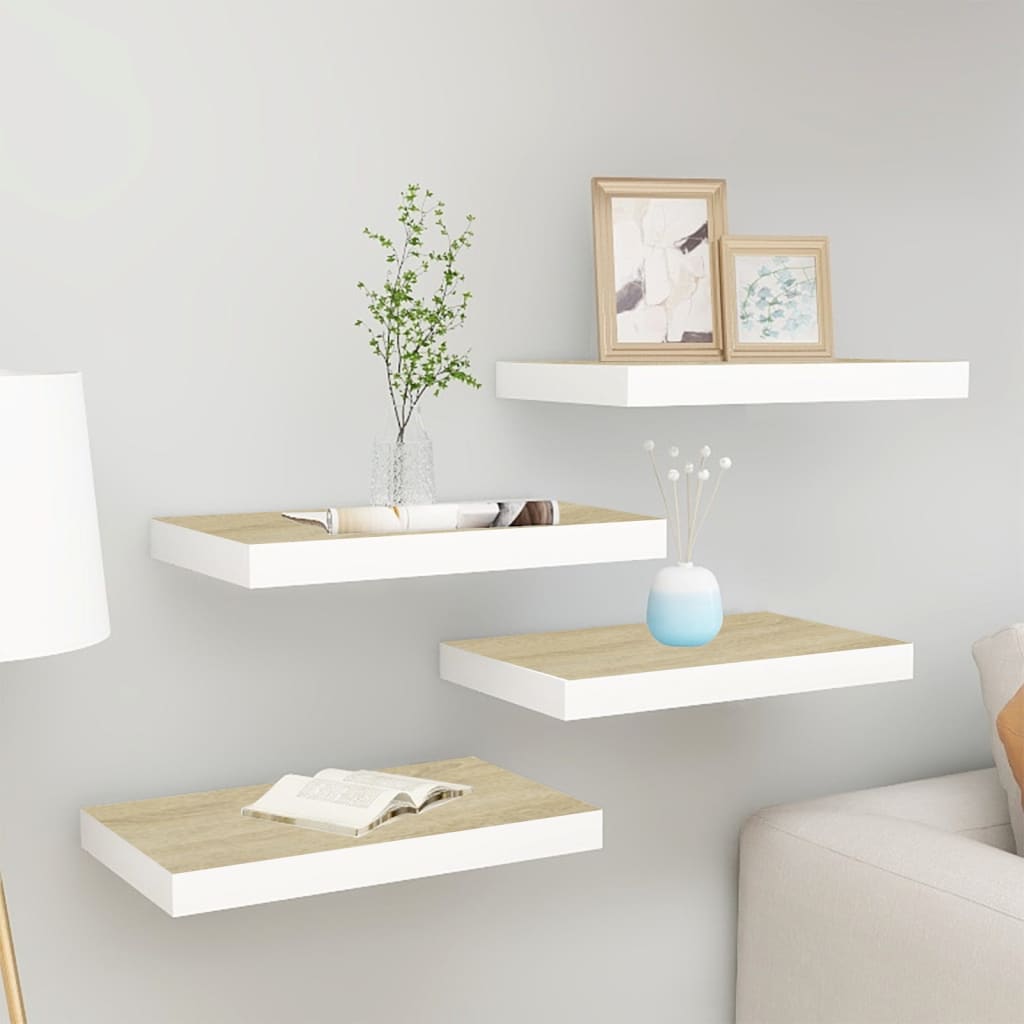 vidaXL Rafturi perete suspendate 4 buc. alb/stejar 40x23x3,8 cm MDF vidaXL Rafturi perete suspendate 4 buc. alb/stejar 40x23x3,8 cm MDF