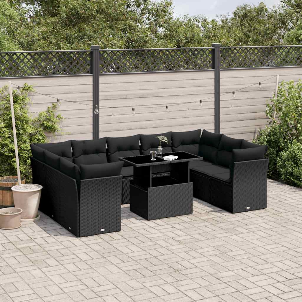 vidaXL Set canapele de grădină cu perne, 10 piese, negru, poliratan vidaXL Set canapele de grădină cu perne, 10 piese, negru, poliratan