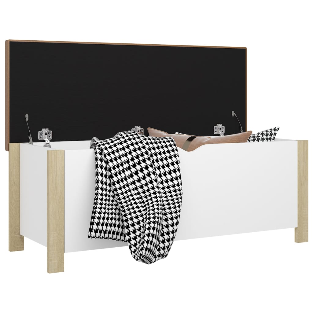 vidaXL Cutie depozitare cu pernă alb/stejar sonoma, 105x40x45 cm, lemn vidaXL Cutie depozitare cu pernă alb/stejar sonoma, 105x40x45 cm, lemn