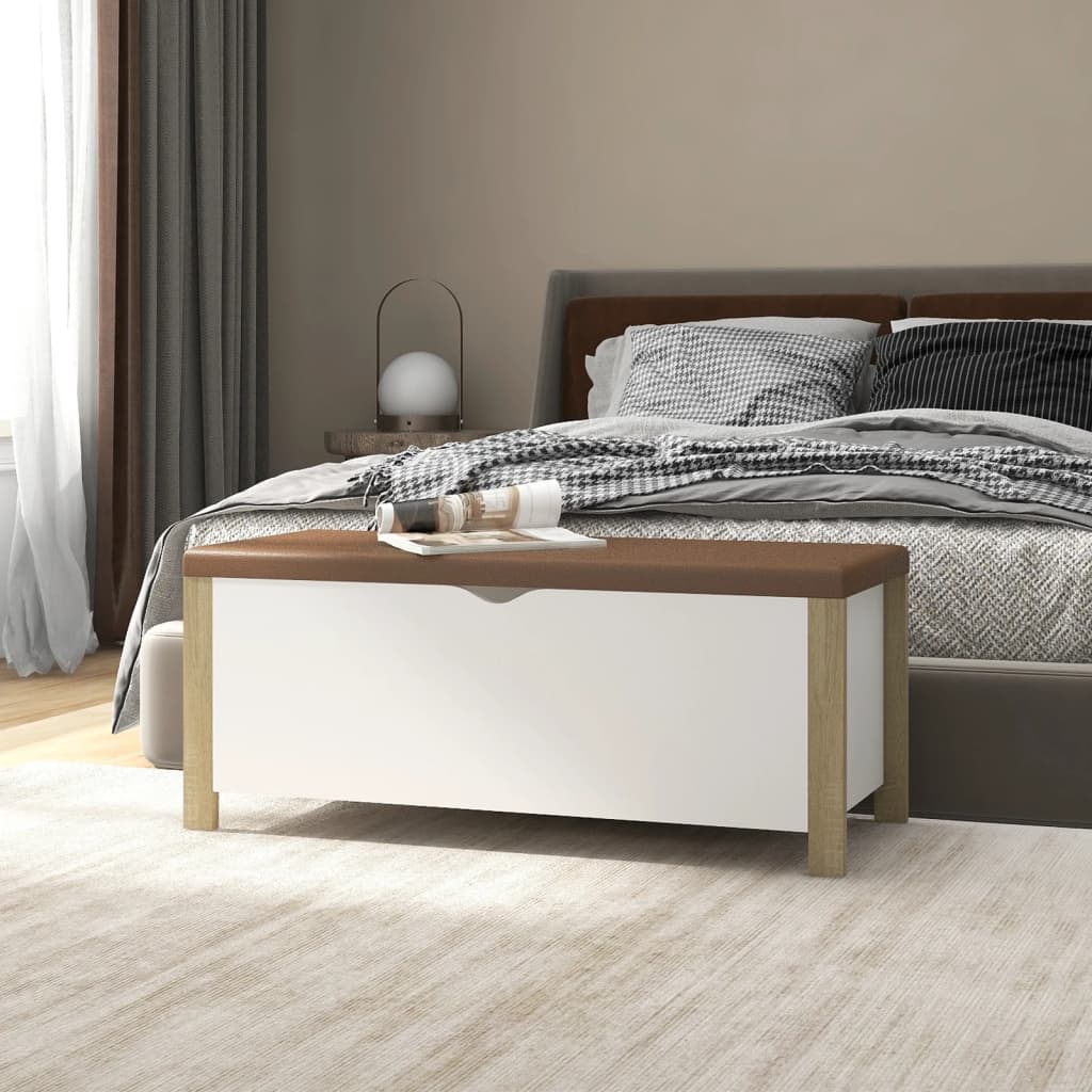 vidaXL Cutie depozitare cu pernă alb/stejar sonoma, 105x40x45 cm, lemn vidaXL Cutie depozitare cu pernă alb/stejar sonoma, 105x40x45 cm, lemn