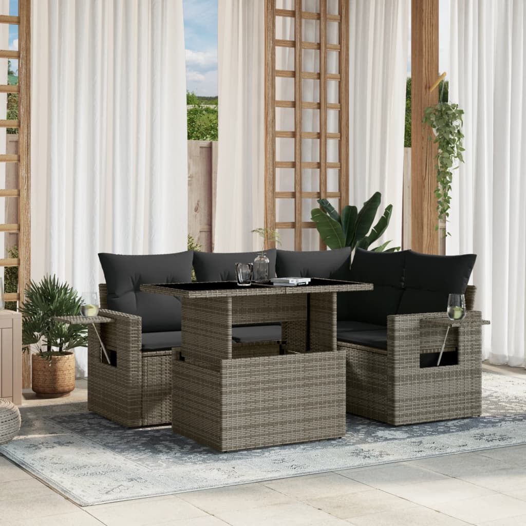 vidaXL Set canapea de grădină cu perne, 5 piese, gri, poliratan vidaXL Set canapea de grădină cu perne, 5 piese, gri, poliratan