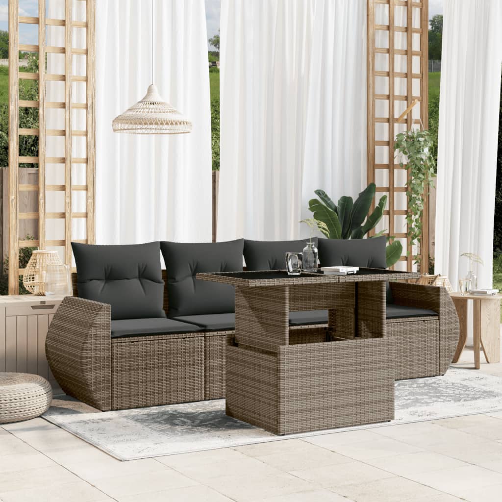 vidaXL Set canapea de grădină cu perne, 5 piese, gri, poliratan vidaXL Set canapea de grădină cu perne, 5 piese, gri, poliratan