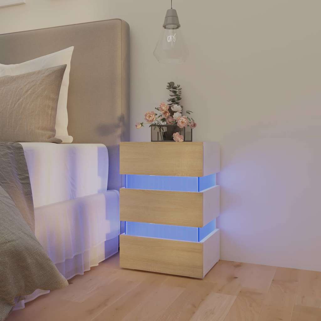 vidaXL Noptieră cu LED, alb/stejar sonoma, 45x35x67 cm, lemn prelucrat vidaXL Noptieră cu LED, alb/stejar sonoma, 45x35x67 cm, lemn prelucrat