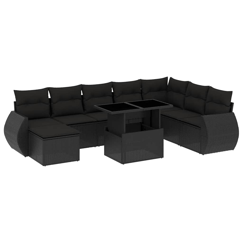 vidaXL Set mobilier de grădină cu perne, 9 piese, negru, poliratan
