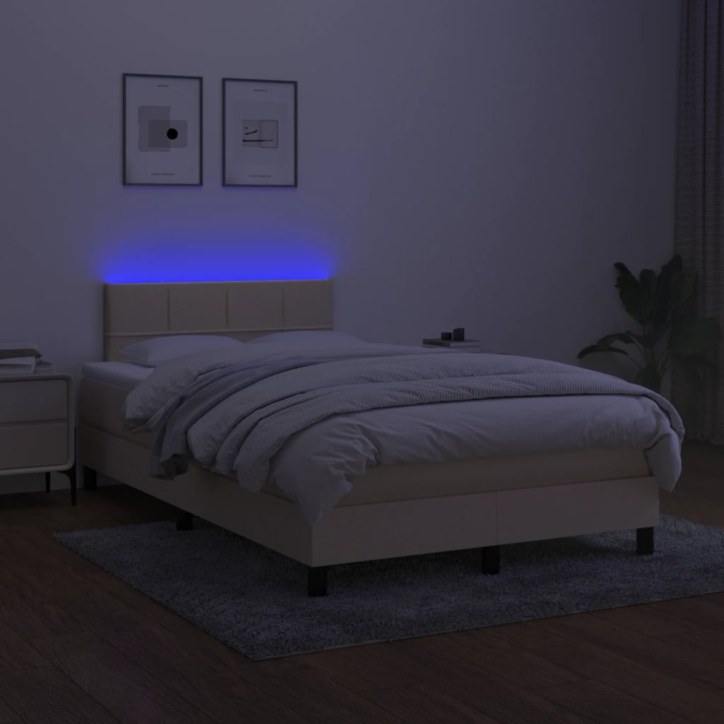 vidaXL Pat cu arcuri, saltea și LED, crem, 120x190 cm, textil