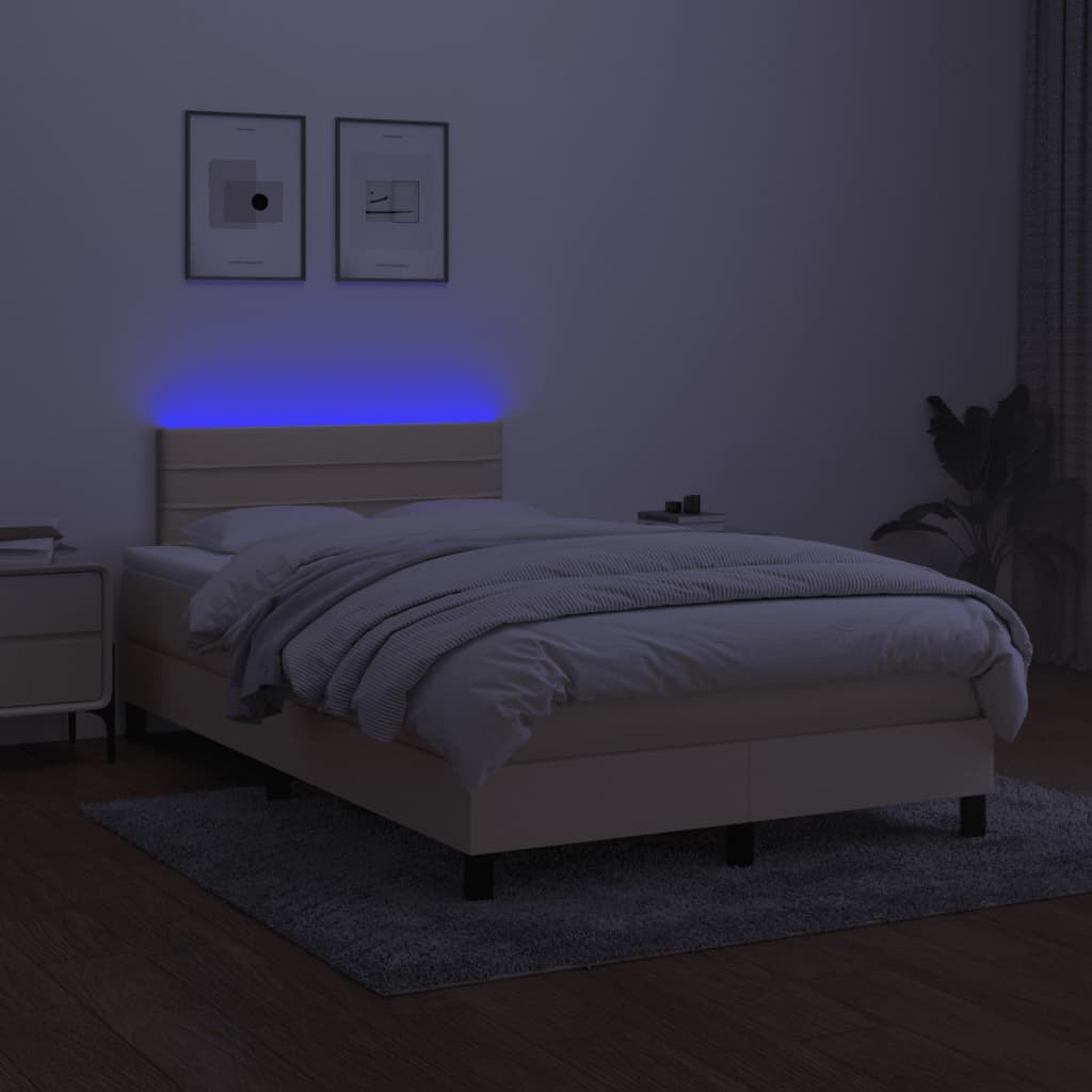 vidaXL Pat cu arcuri, saltea și LED, crem, 120x190 cm, textil