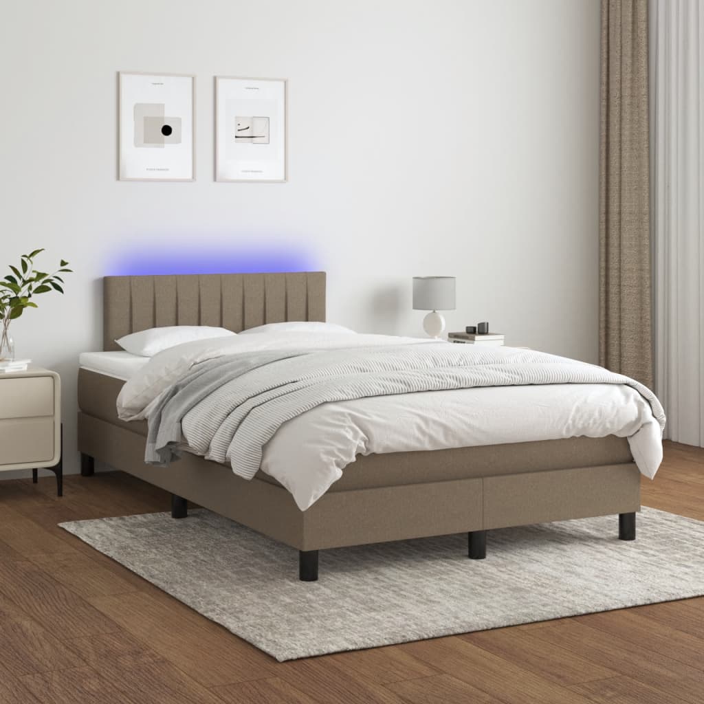 vidaXL Pat cu arcuri, saltea și LED, gri taupe, 120x190 cm, textil vidaXL Pat cu arcuri, saltea și LED, gri taupe, 120x190 cm, textil