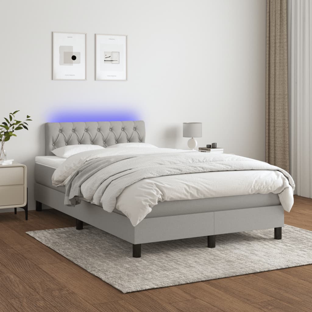 vidaXL Pat cu arcuri, saltea și LED, gri deschis, 120x190 cm, textil