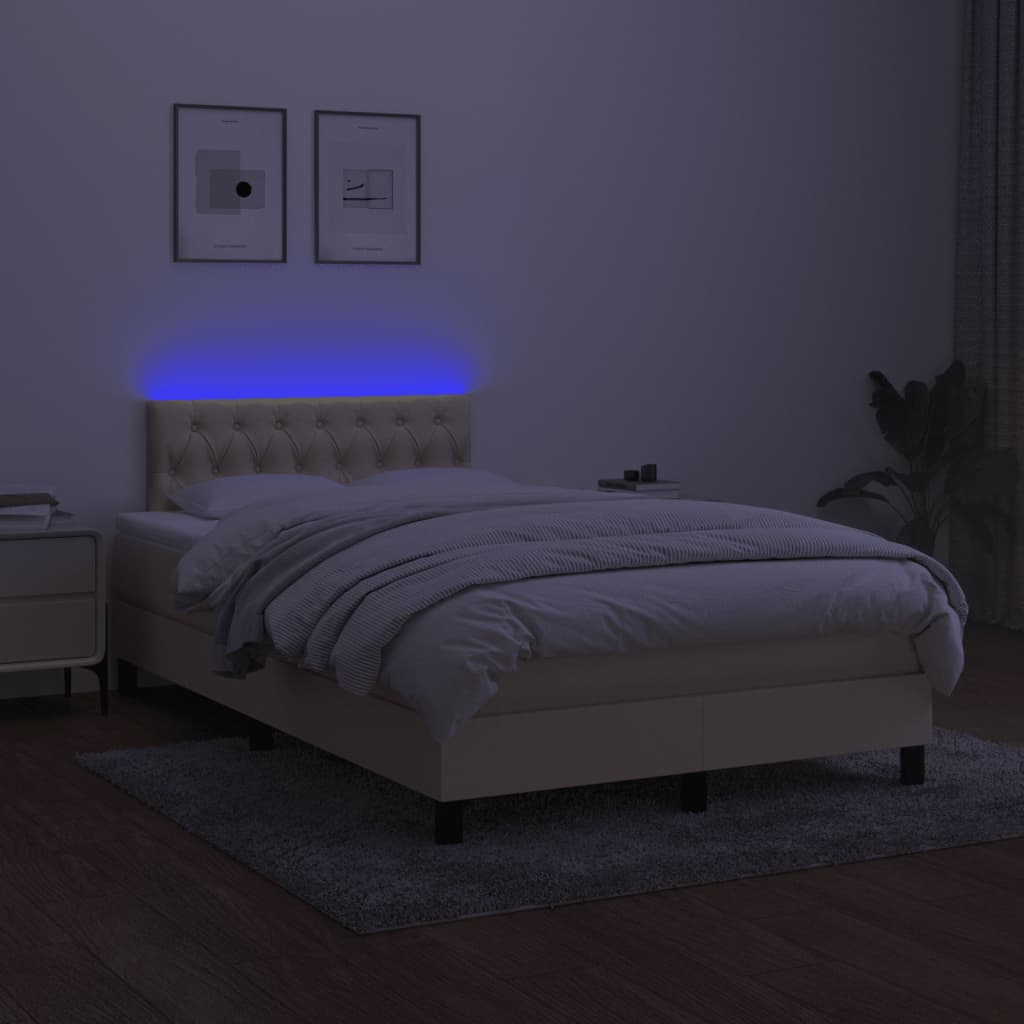 vidaXL Pat cu arcuri, saltea și LED, crem, 120x190 cm, textil