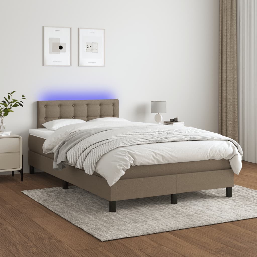 vidaXL Pat cu arcuri, saltea și LED, gri taupe, 120x190 cm, textil vidaXL Pat cu arcuri, saltea și LED, gri taupe, 120x190 cm, textil