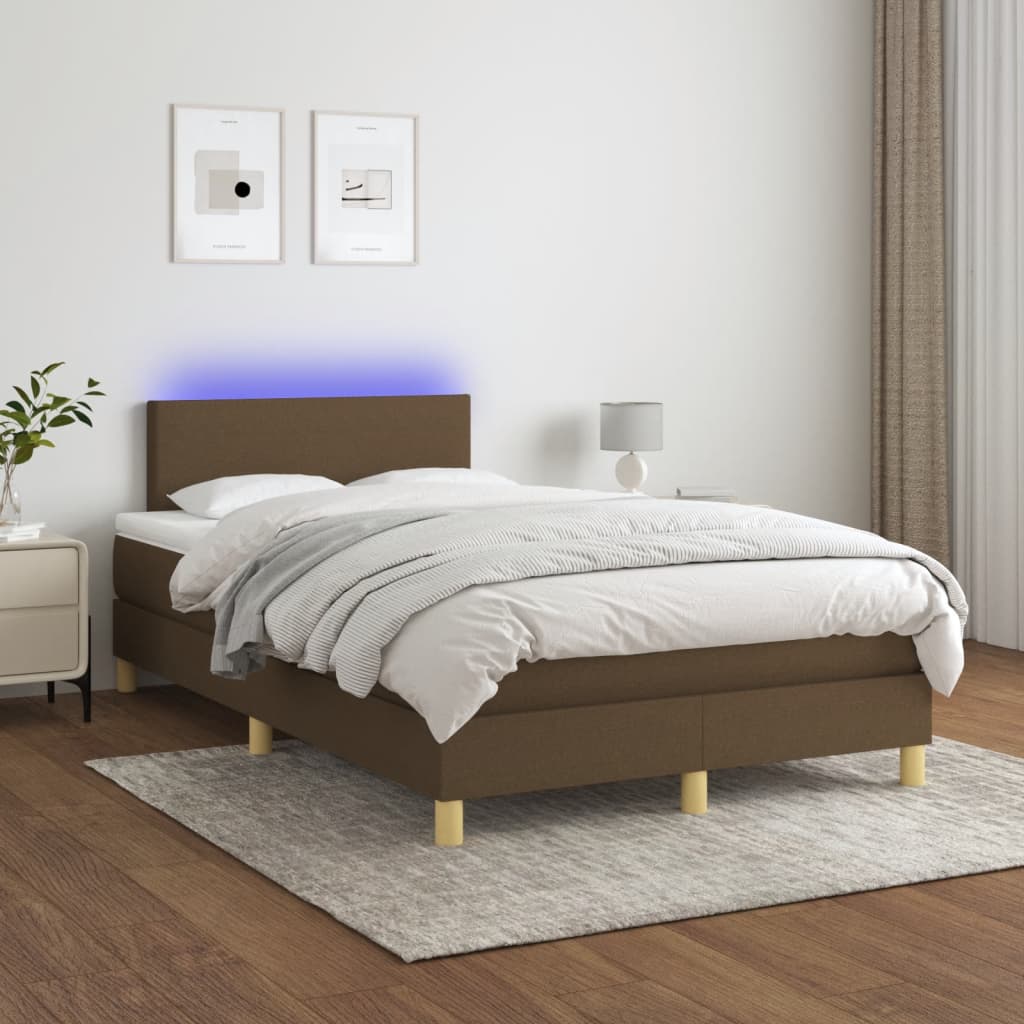 vidaXL Pat cu arcuri, saltea și LED, maro închis, 120x190 cm, textil