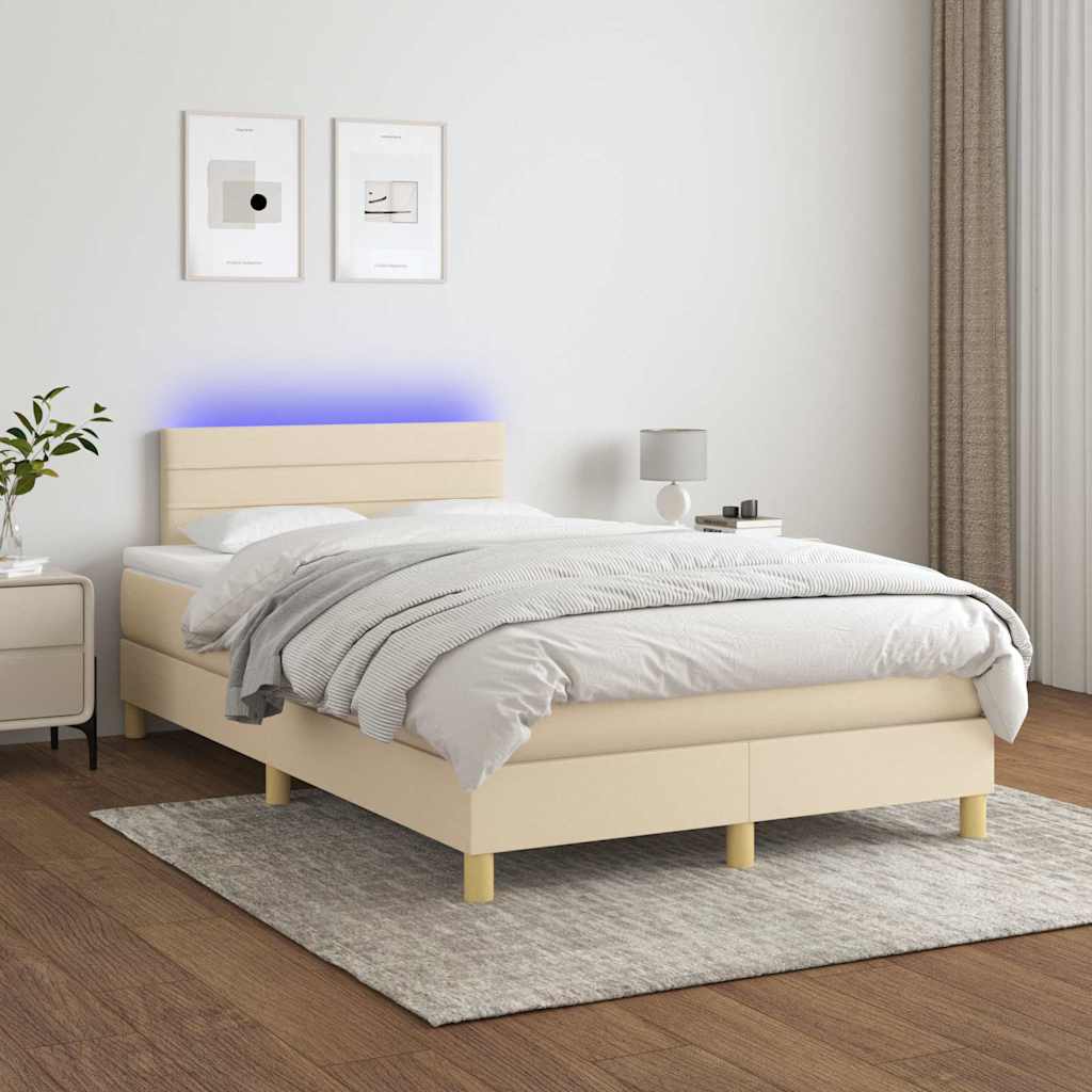 vidaXL Pat cu arcuri, saltea și LED, crem, 120x190 cm, textil