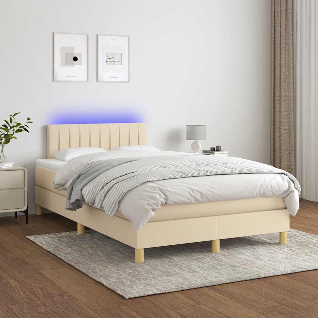 vidaXL Pat cu arcuri, saltea și LED, crem, 120x190 cm, textil