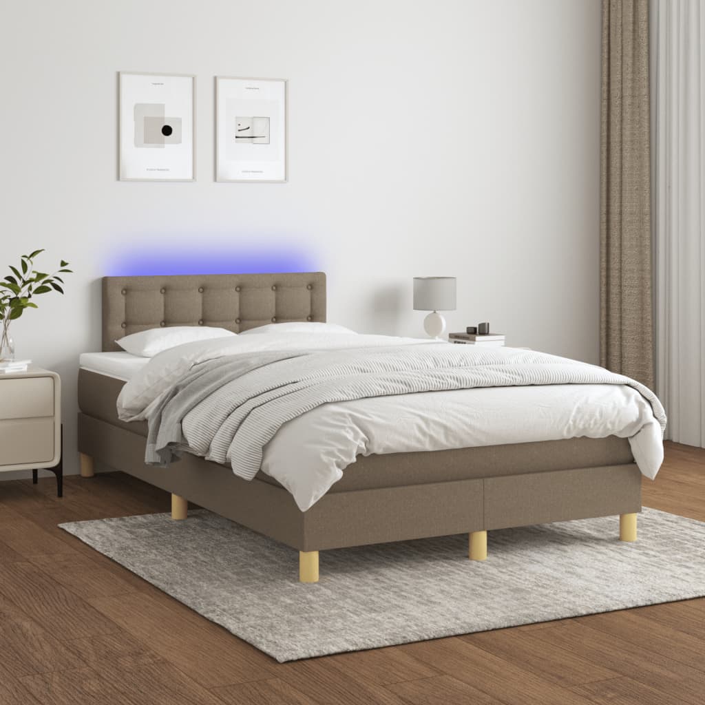 vidaXL Pat cu arcuri, saltea și LED, gri taupe, 120x190 cm, textil vidaXL Pat cu arcuri, saltea și LED, gri taupe, 120x190 cm, textil
