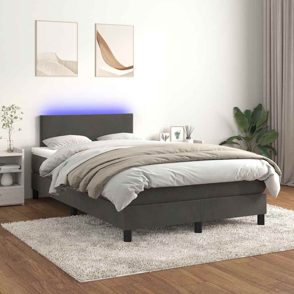 vidaXL Pat cu arcuri, saltea și LED, gri închis, 120x190 cm, catifea