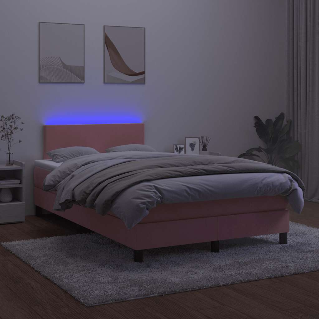 vidaXL Pat cu arcuri, cu saltea și LED, roz, 120x190 cm catifea
