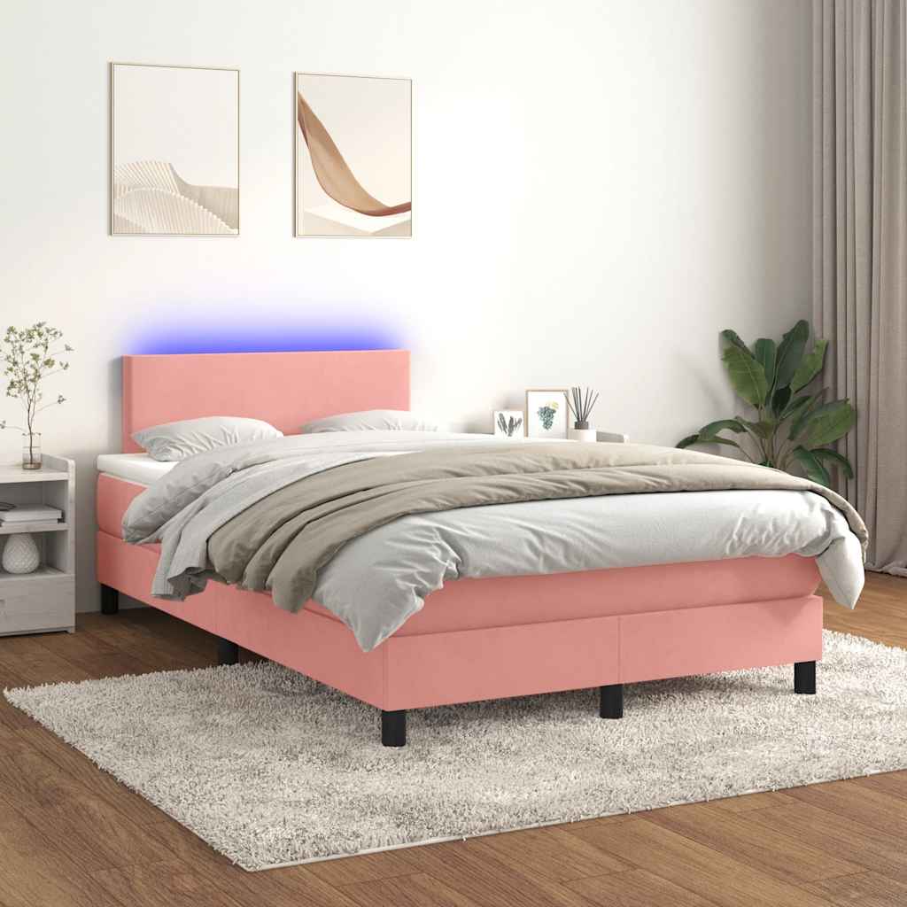 vidaXL Pat cu arcuri, cu saltea și LED, roz, 120x190 cm catifea