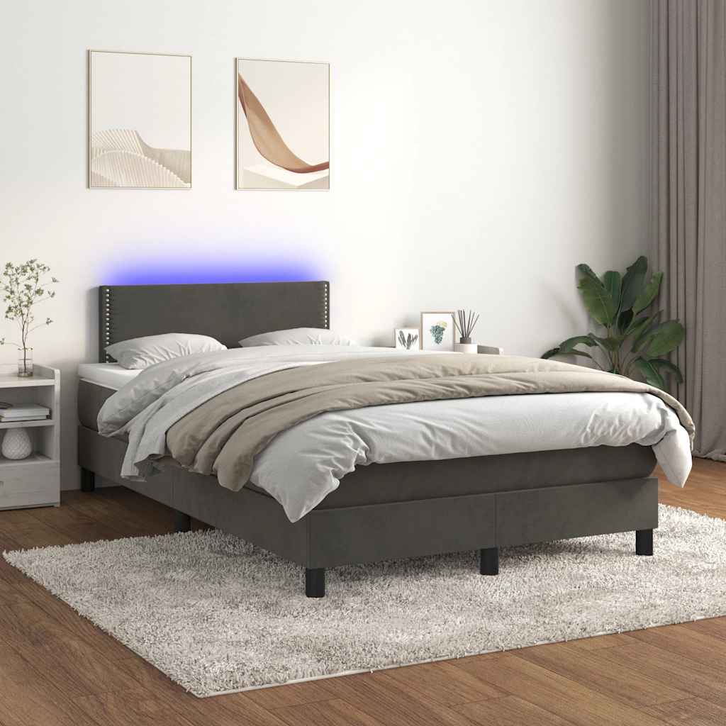 vidaXL Pat cu arcuri, saltea și LED, gri închis, 120x190 cm, catifea