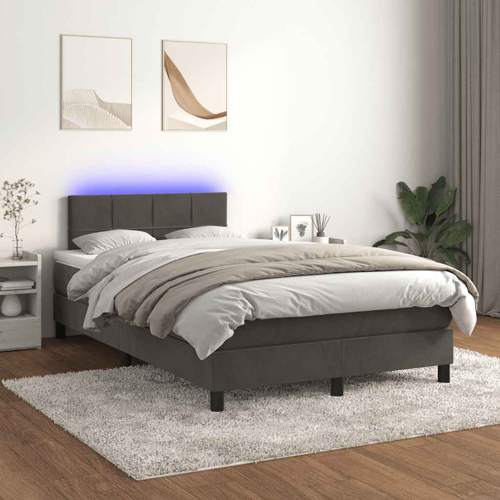 vidaXL Pat cu arcuri, saltea și LED, gri închis, 120x190 cm, catifea