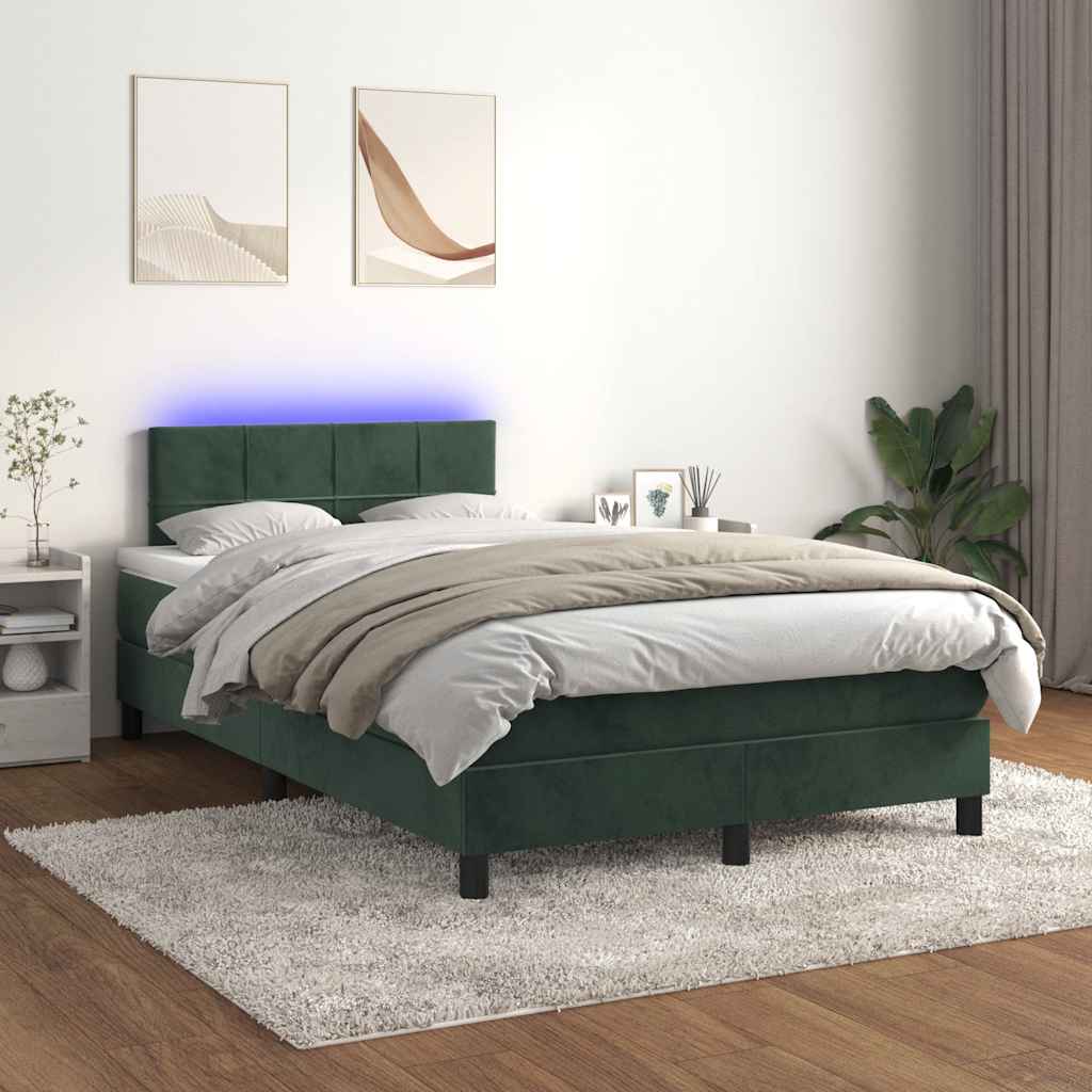 vidaXL Pat cu arcuri, saltea și LED, verde închis, 120x190 cm, catifea vidaXL Pat cu arcuri, saltea și LED, verde închis, 120x190 cm, catifea