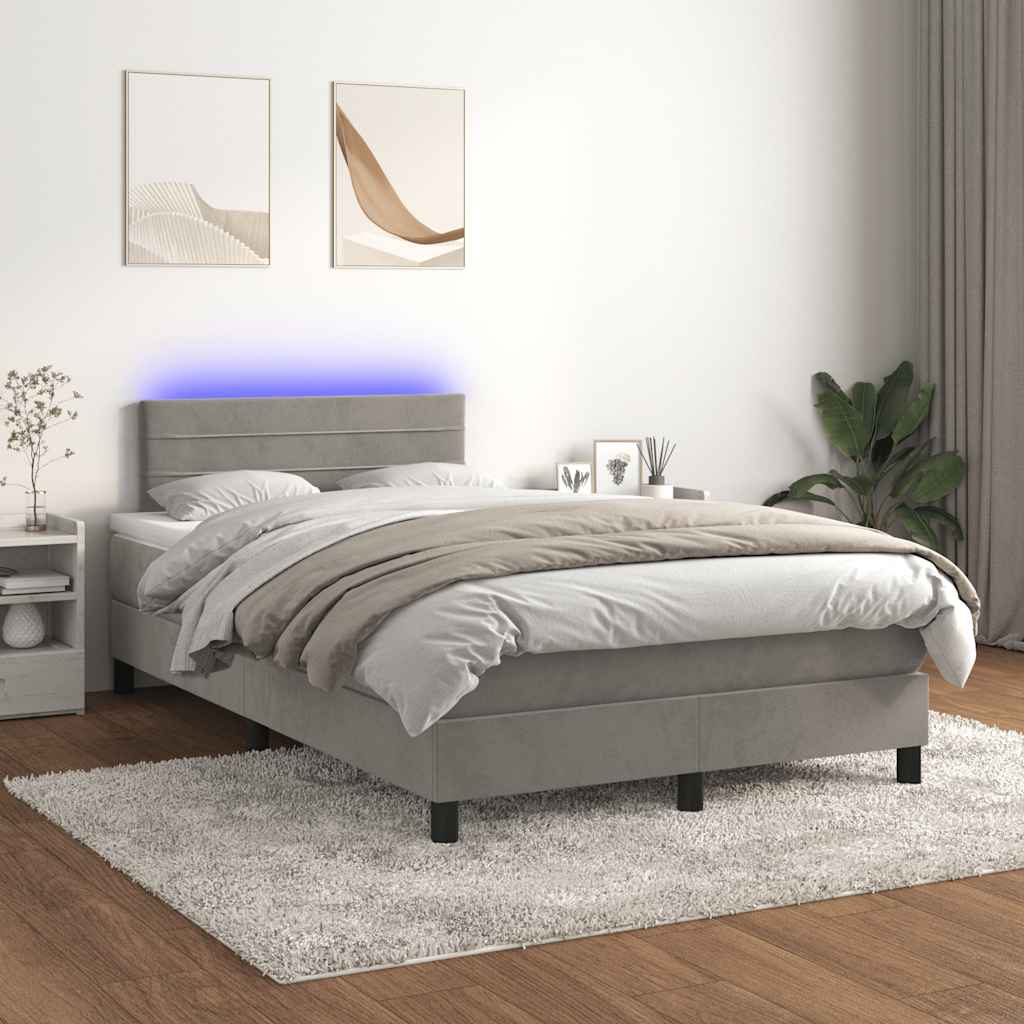 vidaXL Pat cu arcuri, saltea și LED, gri deschis, 120x190 cm, catifea