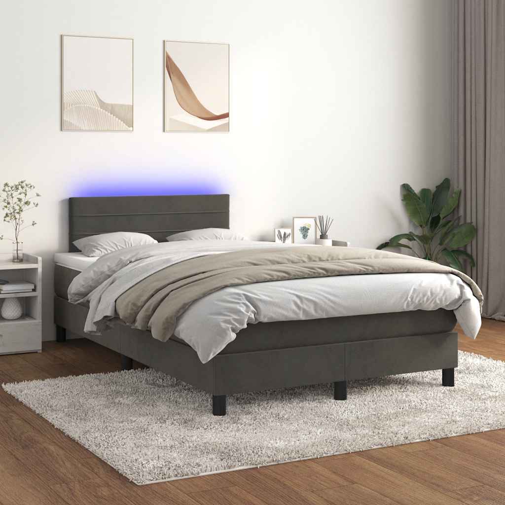 vidaXL Pat cu arcuri, saltea și LED, gri închis, 120x190 cm, catifea