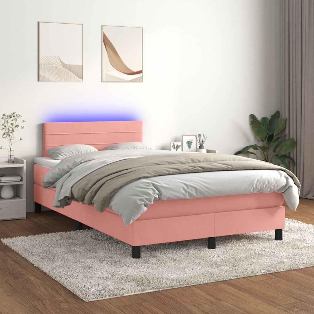 vidaXL Pat cu arcuri, cu saltea și LED, roz, 120x190 cm catifea