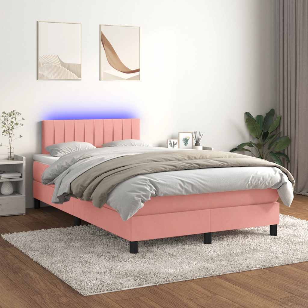 vidaXL Pat cu arcuri, cu saltea și LED, roz, 120x190 cm catifea