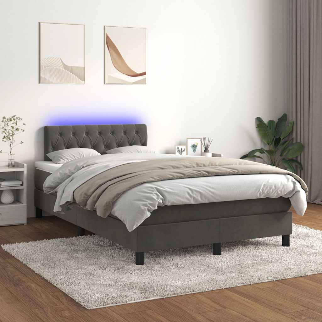 vidaXL Pat cu arcuri, saltea și LED, gri închis, 120x190 cm, catifea